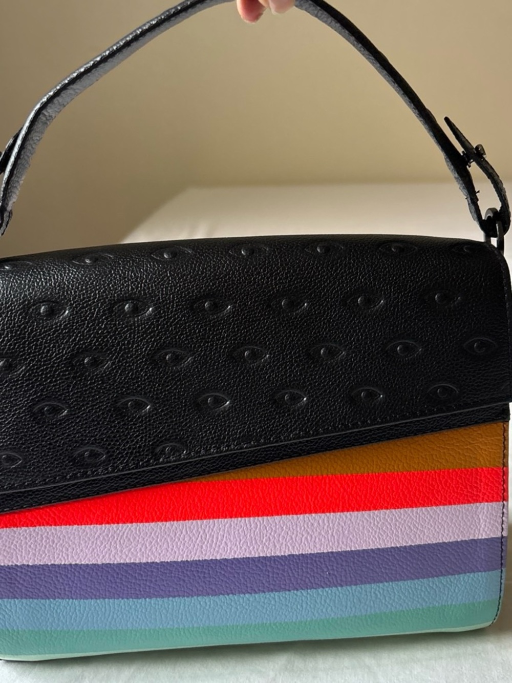 Min & Mon Black Leather Top-Handle Crossbody with Rainbow Stripes